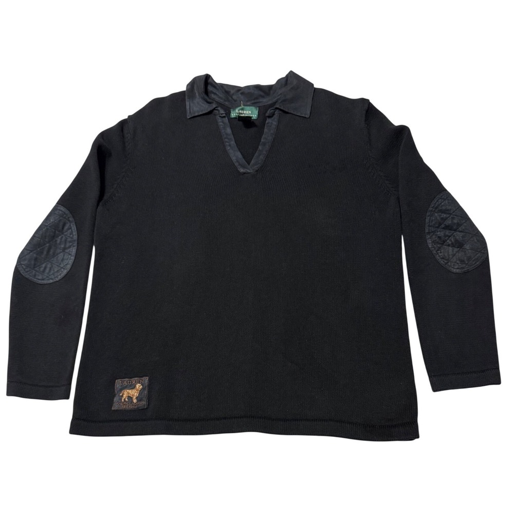 Lauren Ralph Lauren Sweater Black Cotton Faux Suede Elbow Patch Dog Crest L VTG